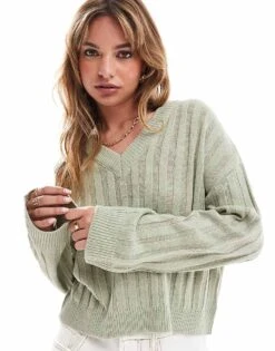 Brave Soul Ribbed V-neck Jumper In Sage Green For Women Light Green -Deals Modezzle Store 206465157 1 lightgreen 1