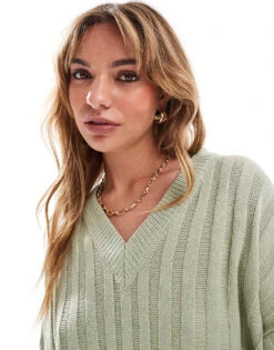 Brave Soul Ribbed V-neck Jumper In Sage Green For Women Light Green -Deals Modezzle Store 206465157 4