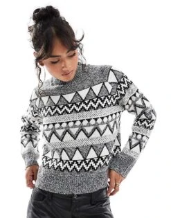 Brave Soul High Neck Fairisle Jumper In Black, Grey And White For Women -Deals Modezzle Store 206465159 1 black 1