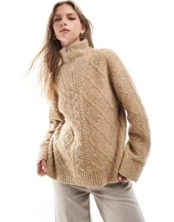 Brave Soul Texture Knit Half Zip Jumper In Camel For Women -Deals Modezzle Store 206465201 1 camel 1
