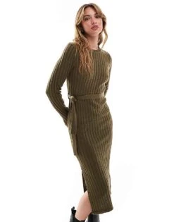 Brave Soul Knitted Midi Dress With Slit In Khaki For Women