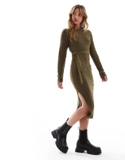 Brave Soul Knitted Midi Dress With Slit In Khaki For Women -Deals Modezzle Store 206465218 3