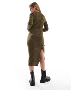 Brave Soul Knitted Midi Dress With Slit In Khaki For Women -Deals Modezzle Store 206465218 4