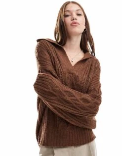 Brave Soul Polo Collar Cable Knit Jumper In Light Brown For Women