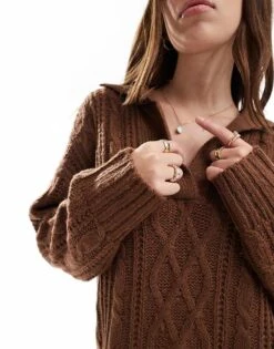 Brave Soul Polo Collar Cable Knit Jumper In Light Brown For Women -Deals Modezzle Store 206465242 3