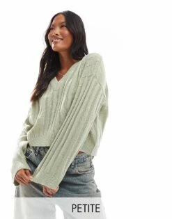 Brave Soul Petite Ribbed V-neck Jumper In Sage Green For Women Light Green
