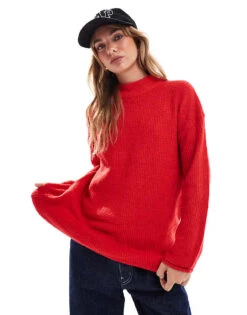 Brave Soul Knitted High Neck Jumper In Red For Women