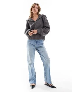 Brave Soul Ribbed Half Zip Jumper In Dark Grey For Women Charcoal