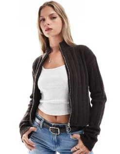 Brave Soul Zip Front Ribbed Jumper In Dark Brown For Women -Deals Modezzle Store 206465288 1 brown 1