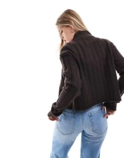 Brave Soul Zip Front Ribbed Jumper In Dark Brown For Women -Deals Modezzle Store 206465288 3