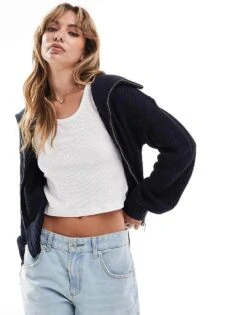 Brave Soul Full Zip Fisherman Knit Cardigan In Navy For Women