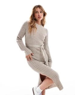 Brave Soul Knitted Midi Dress With Slit In Beige For Women -Deals Modezzle Store 206465323 3