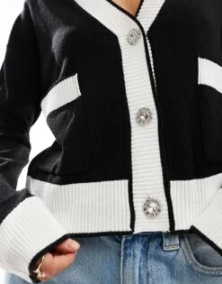 Brave Soul Contrast Trim Cardigan With Diamante Buttons In Black For Women -Deals Modezzle Store 206465338 4