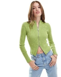 Brave Soul Ribbed Knitted Zip Front Jumper In Green For Women Mid Green -Deals Modezzle Store 206465371 1 midgreen 1