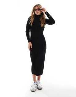 Brave Soul High Neck Knitted Midi Dress In Black For Women