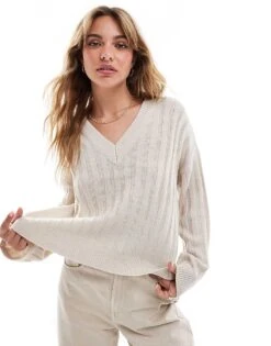 Brave Soul Ribbed V-neck Jumper In Stone For Women