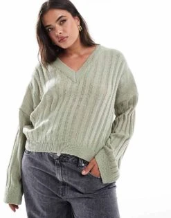Brave Soul Plus Ribbed V-neck Jumper In Sage Green For Women Light Green -Deals Modezzle Store 206465400 1 lightgreen 1
