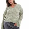 Brave Soul Plus Ribbed V-neck Jumper In Sage Green For Women Light Green -Deals Modezzle Store 206465400 1 lightgreen