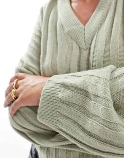 Brave Soul Plus Ribbed V-neck Jumper In Sage Green For Women Light Green -Deals Modezzle Store 206465400 4