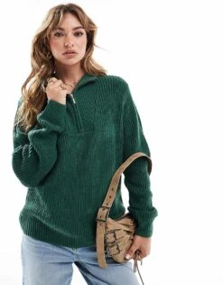Brave Soul Quarter Zip Jumper In Forest Green For Women Dark Green