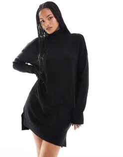 Brave Soul Tall Roll Neck Mini Jumper Dress In Black For Women