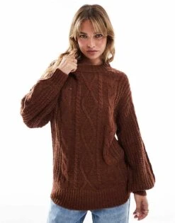 Brave Soul Oversized Cable Knit Jumper In Brown For Women