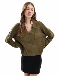 Brave Soul V-neck Polo Jumper In Khaki For Women -Deals Modezzle Store 206465487 1 khaki 1