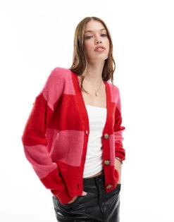 Brave Soul Stripe Cardigan In Red & Pink For Women