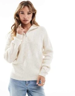 Brave Soul Quarter Zip Jumper In Cream For Women