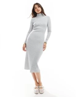 Brave Soul High Neck Knitted Midi Dress In Silver Grey For Women Light Grey
