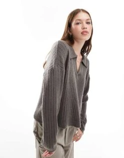 Brave Soul V-neck Polo Jumper In Charcoal Grey For Women