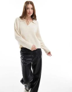 Brave Soul V-neck Polo Jumper In Cream For Women