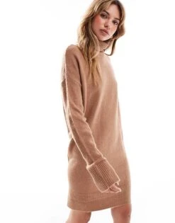 Brave Soul Knitted Roll Neck Mini Jumper Dress In Tan For Women Brown