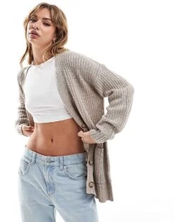 Brave Soul Ribbed Cardigan In Beige For Women