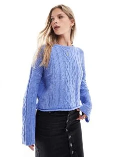 Brave Soul Cable Knit Wide Sleeve Jumper In Cornflower Blue For Women Mid Blue -Deals Modezzle Store 206465655 1 midblue 1