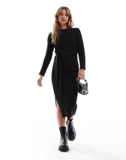 Brave Soul Knitted Midi Dress With Slit In Black For Women
