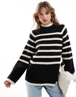 Brave Soul Chunky Rib Stripe Crew Neck Jumper In Black & Cream For Women -Deals Modezzle Store 206465671 1 black 1
