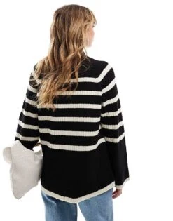 Brave Soul Chunky Rib Stripe Crew Neck Jumper In Black & Cream For Women -Deals Modezzle Store 206465671 3