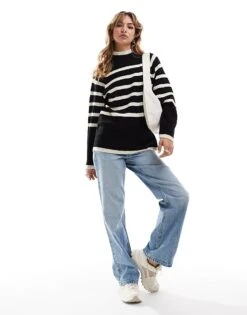 Brave Soul Chunky Rib Stripe Crew Neck Jumper In Black & Cream For Women -Deals Modezzle Store 206465671 4