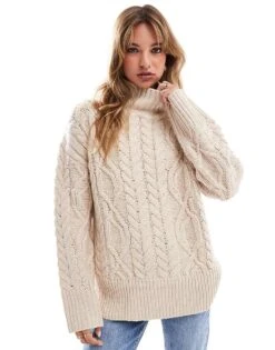 Brave Soul Cable Knit Turtleneck Jumper In Stone For Women