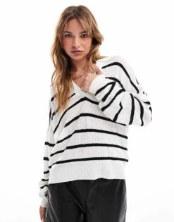 Brave Soul Polo Collar Striped Jumper In White & Black For Women