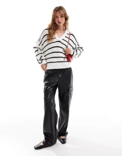 Brave Soul Polo Collar Striped Jumper In White & Black For Women -Deals Modezzle Store 206465699 3