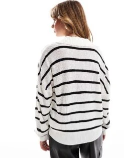 Brave Soul Polo Collar Striped Jumper In White & Black For Women -Deals Modezzle Store 206465699 4