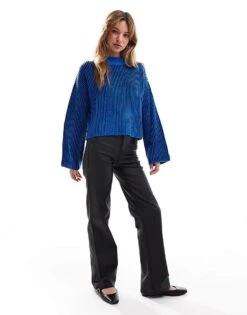 Brave Soul Crew Neck Cropped Jumper In Cobalt Blue For Women Mid Blue -Deals Modezzle Store 206465717 3
