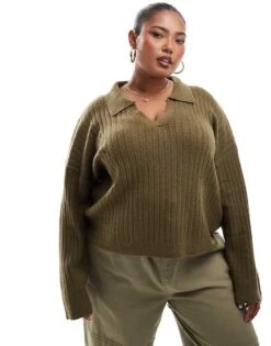 Brave Soul Plus V-neck Polo Jumper In Khaki For Women -Deals Modezzle Store 206465772 1 khaki 1