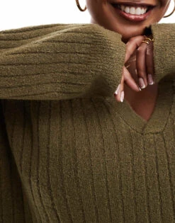 Brave Soul Plus V-neck Polo Jumper In Khaki For Women -Deals Modezzle Store 206465772 3