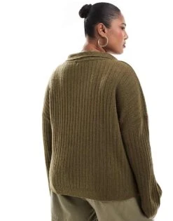 Brave Soul Plus V-neck Polo Jumper In Khaki For Women -Deals Modezzle Store 206465772 4