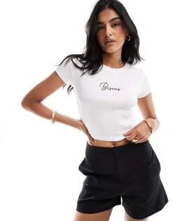 Brave Soul Crop T-shirt In White With 'Bisous' Print For Women -Deals Modezzle Store 206822815 3