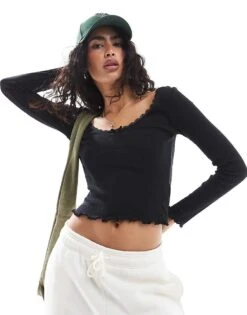 Brave Soul Pointelle Long Sleeve Top With Bow Detail In Black For Women