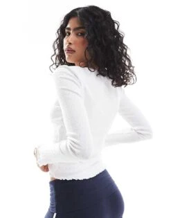 Brave Soul Pointelle Long Sleeve Top With Bow Detail In Cream For Women White -Deals Modezzle Store 206822835 4